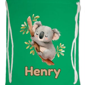 Kids Gym Bag Personalised Any Name Cute Watercolour Koala Gym Bag. Nursery Swimming PE Boy Girl, Birthday Christmas Cotton. Back to School Kelly Green