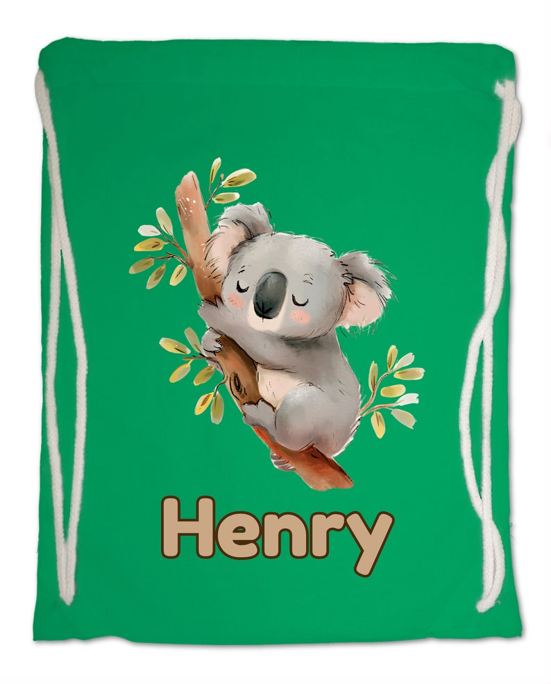 Kids Gym Bag Personalised Any Name Cute Watercolour Koala Gym Bag. Nursery Swimming PE Boy Girl, Birthday Christmas Cotton. Back to School Kelly Green