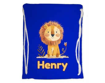 Kids Gym Bag Personalised Any Name Cute Watercolour Lion Gym Bag. Nursery Swimming PE Boy Girl, Birthday Christmas Cotton. Back to School