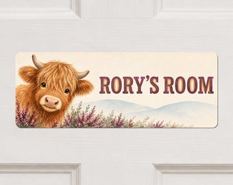 Personalised Highland Cow Door Sign, Watercolour Farm Animal Bedroom Decor, Custom Room Wording, Birthday Gift for Children and Nursery