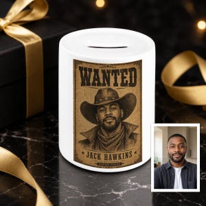 Peut inclure: Une tirelire en céramique blanche ornée d'un motif d'avis de recherche vintage. L'impression affiche le texte WANTED et JACK HAWKINS au-dessus et au-dessous d'une illustration détaillée d'une personne portant un chapeau de cowboy.