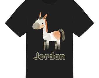 Personalised Cute Watercolour Horse Unisex Kids T-Shirt. Boys Girls. Ages 1 to 12. 6 Colours 100% Cotton. Custom Tee Birthday Christmas Gift