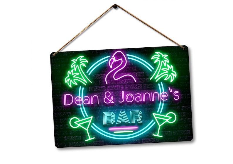 Personalised Bar Sign METAL Plaque Eighties 80s Neon Cocktail Nightclub Style. Home Pub Shed Man Cave. Screw Holes, Sticky Pads or Twine. Two Holes with Twine