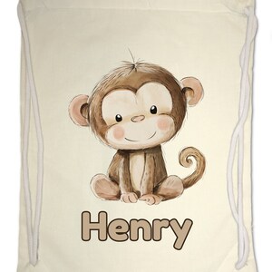 Kids Gym Bag Personalised Any Name Cute Watercolour Monkey Gym Bag. Nursery Swimming PE Boy Girl, Birthday Christmas Cotton. Back to School Natural