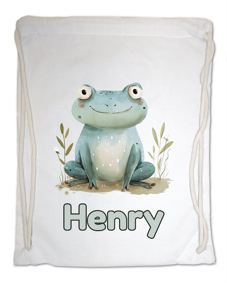 Kids Gym Bag Personalised Any Name Cute Watercolour Frog Gym Bag Nursery Swimming PE Boy Girl Birthday Christmas. Cotton. Back to School White