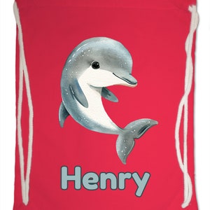 Kids Gym Bag Personalised Any Name Cute Watercolour Dolphin Gym Bag Nursery Swimming PE. Boy Girl,Birthday Christmas. Cotton. Back to School Bright Red