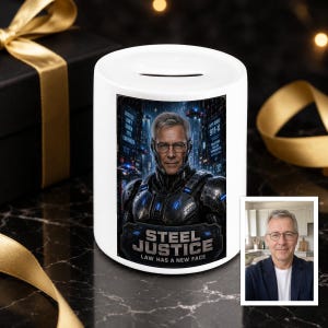 Op de afbeelding: Een witte keramische spaarpot met een grafische print van een man in futuristisch harnas met de tekst "STEEL JUSTICE LAW HAS A NEW FACE" en "JUSTICE ISN'T GIVEN IT'S ENFORCED" naast een kleine ingevoegde foto van dezelfde man in een blazer.