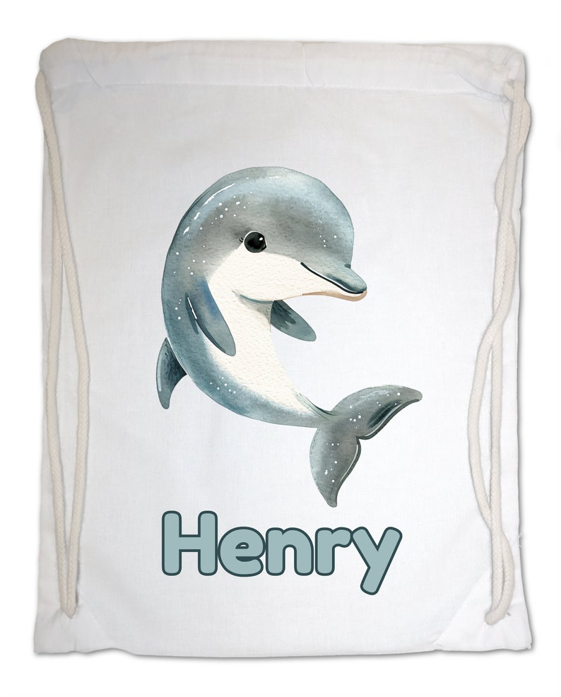 Kids Gym Bag Personalised Any Name Cute Watercolour Dolphin Gym Bag Nursery Swimming PE. Boy Girl,Birthday Christmas. Cotton. Back to School White