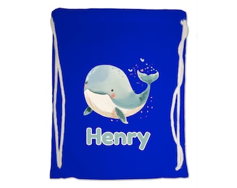 Kids Gym Bag Personalised Any Name Cute Watercolour Whale Gym Bag. Nursery Swimming PE Boy Girl, Birthday Christmas Cotton. Back to School