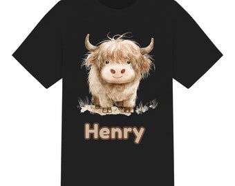 T-shirt per bambini unisex personalizzata con simpatica mucca dell'altopiano dell'acquerello. Ragazzi ragazze. Da 1 a 12 anni. 6 colori 100% cotone. Regalo di Natale di compleanno