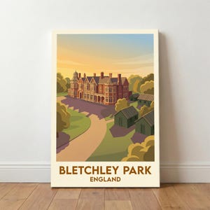 May include: A canvas print featuring a vintage-style illustration of Bletchley Park in England. The artwork depicts a large, red-brick building with multiple windows and a winding path, surrounded by trees and small green structures. The text "Bletchley Park England" is at the bottom.