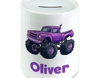 Personalised Any Name Cute Monster Truck Kids Money Box Piggy Bank Savings Jar for Kids Coins Cash Box Ceramic Boys, Girls Nursery
