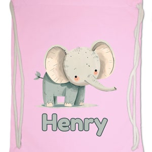 Kids Gym Bag Personalised Any Name Cute Watercolour Elephant Gym Bag Nursery Swimming PE Boy Girl Birthday Christmas. Cotton. Back to School Classic Pink