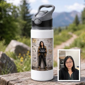 Op de afbeelding: Een witte waterfles met een grijze dop met een afbeelding van een persoon die een bord vasthoudt met de tekst EXCESSIVE TEA BREAKS. De afbeelding bevat handgeschreven tekst zoals MUGSHOT DAY, HOLD STILL en CASE CLOSED, met een kleine ingevoegde foto.