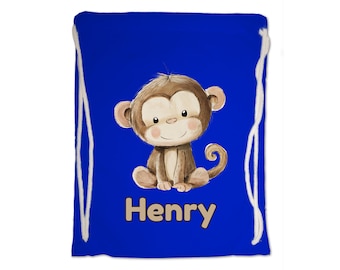 Kids Gym Bag Personalised Any Name Cute Watercolour Monkey Gym Bag. Nursery Swimming PE Boy Girl, Birthday Christmas Cotton. Back to School