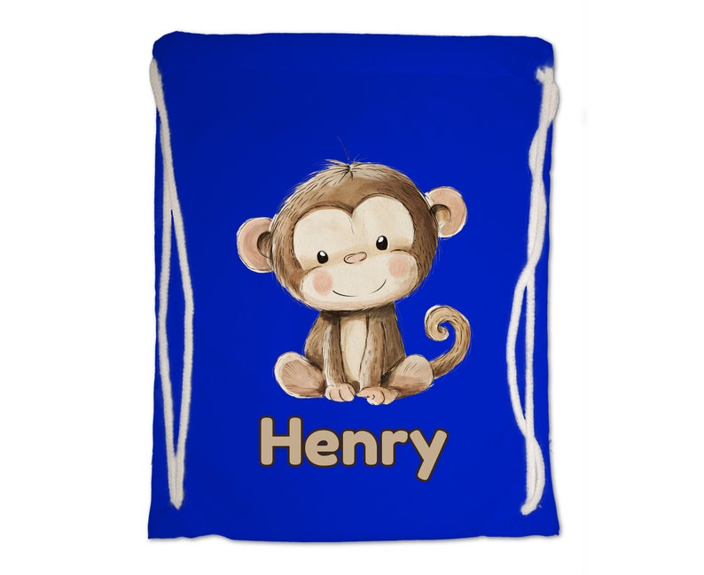 Kids Gym Bag Personalised Any Name Cute Watercolour Monkey Gym Bag. Nursery Swimming PE Boy Girl, Birthday Christmas Cotton. Back to School Bright Royal Blue