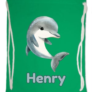 Kids Gym Bag Personalised Any Name Cute Watercolour Dolphin Gym Bag Nursery Swimming PE. Boy Girl,Birthday Christmas. Cotton. Back to School Kelly Green