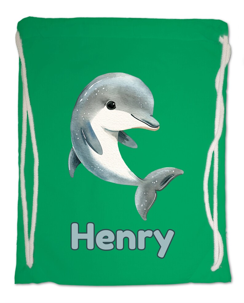 Kids Gym Bag Personalised Any Name Cute Watercolour Dolphin Gym Bag Nursery Swimming PE. Boy Girl,Birthday Christmas. Cotton. Back to School Kelly Green