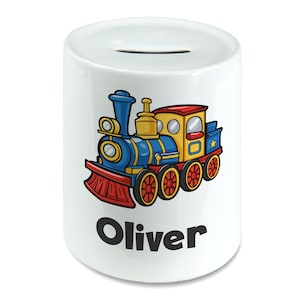 Personalised Any Name Cute Train Kids Money Box Piggy Bank Savings Jar for Kids Coins Cash Box Ceramic Boys, Girls Nursery