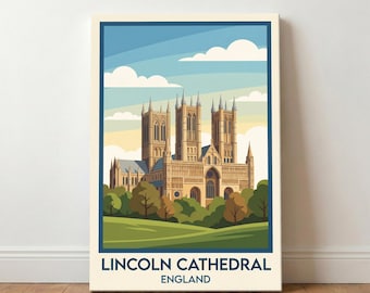 May include: A framed print of Lincoln Cathedral in England. The artwork features a stylized illustration of the cathedral with a blue sky, white clouds, and green trees. The text "LINCOLN CATHEDRAL ENGLAND" is at the bottom.