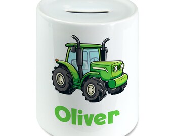 Personalised Any Name Cute Tractor Kids Money Box Piggy Bank Savings Jar for Kids Coins Cash Box Ceramic Boys, Girls Nursery