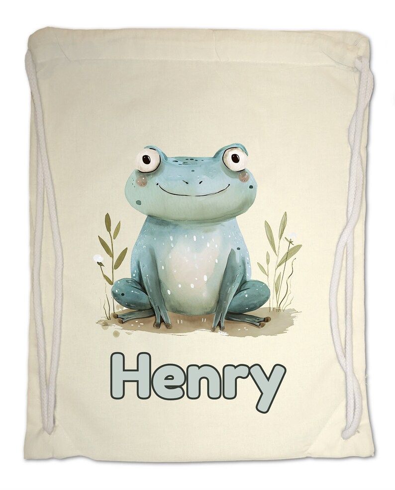 Kids Gym Bag Personalised Any Name Cute Watercolour Frog Gym Bag Nursery Swimming PE Boy Girl Birthday Christmas. Cotton. Back to School Natural