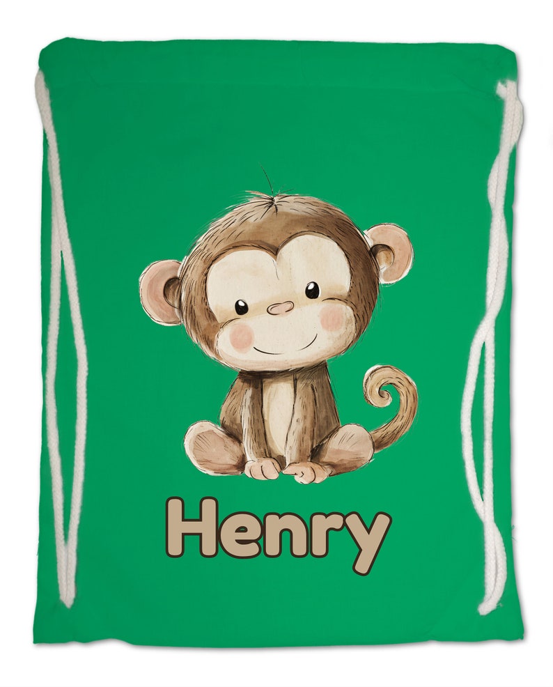 Kids Gym Bag Personalised Any Name Cute Watercolour Monkey Gym Bag. Nursery Swimming PE Boy Girl, Birthday Christmas Cotton. Back to School Kelly Green