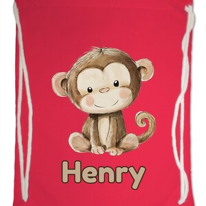 Kids Gym Bag Personalised Any Name Cute Watercolour Monkey Gym Bag. Nursery Swimming PE Boy Girl, Birthday Christmas Cotton. Back to School Bright Red