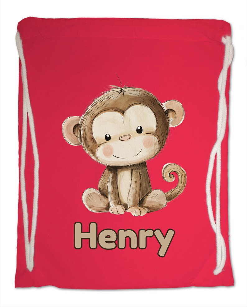 Kids Gym Bag Personalised Any Name Cute Watercolour Monkey Gym Bag. Nursery Swimming PE Boy Girl, Birthday Christmas Cotton. Back to School Bright Red