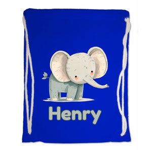 Kids Gym Bag Personalised Any Name Cute Watercolour Elephant Gym Bag Nursery Swimming PE Boy Girl Birthday Christmas. Cotton. Back to School Bright Royal Blue