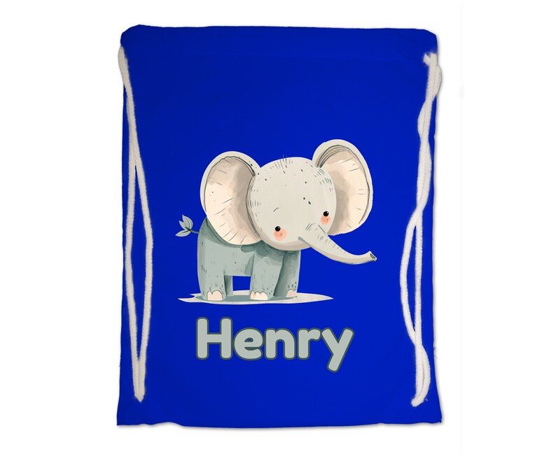 Kids Gym Bag Personalised Any Name Cute Watercolour Elephant Gym Bag Nursery Swimming PE Boy Girl Birthday Christmas. Cotton. Back to School Bright Royal Blue