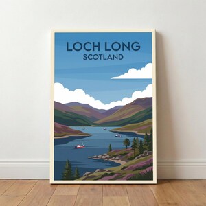 May include: A framed art print featuring a scenic view of Loch Long in Scotland. The artwork depicts a blue lake surrounded by green and purple mountains under a blue sky with white clouds. Several boats are on the water.