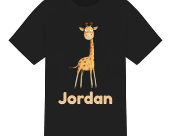 T-shirt per bambini unisex con giraffa acquerello carina personalizzata. Ragazzi Ragazze da 1 a 12 anni 6 colori 100% cotone. Regalo di Natale di compleanno di maglietta personalizzata
