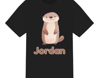 Personalised Cute Watercolour Otter Unisex Kids T-Shirt. Boys Girls. Ages 1 to 12. 6 Colours 100% Cotton. Custom Tee Birthday Christmas Gift