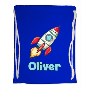 Kids Gym Bag Personalised Any Name Watercolour Rocket Ship Gym Bag. Nursery Swimming PE Boy Girl, Birthday Christmas Cotton. Back to School