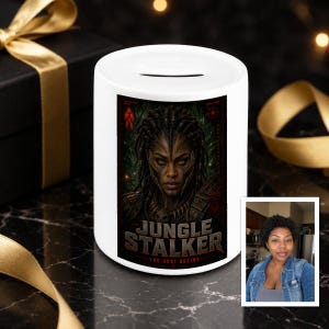 May include: A white ceramic coin bank featuring a rectangular graphic print of a dark-skinned warrior with braided hair, surrounded by jungle foliage. The text JUNGLE STALKER THE HUNT BEGINS is printed in bold, weathered lettering at the bottom of the design.