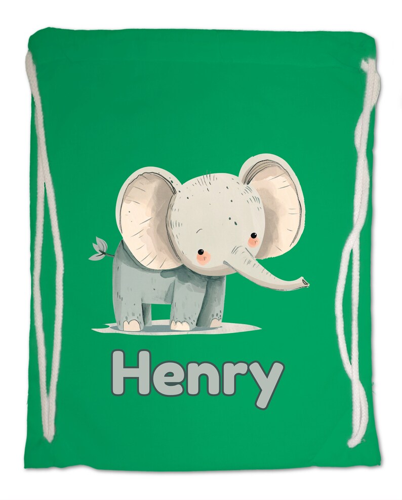 Kids Gym Bag Personalised Any Name Cute Watercolour Elephant Gym Bag Nursery Swimming PE Boy Girl Birthday Christmas. Cotton. Back to School Kelly Green