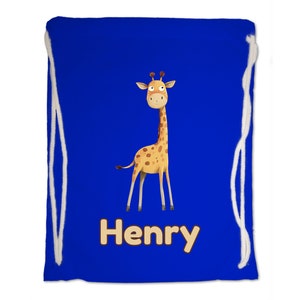 Kids Gym Bag Personalised Any Name Cute Watercolour Giraffe Gym Bag. Nursery Swimming PE Boy Girl, Birthday Christmas Cotton. Back to School Bright Royal Blue