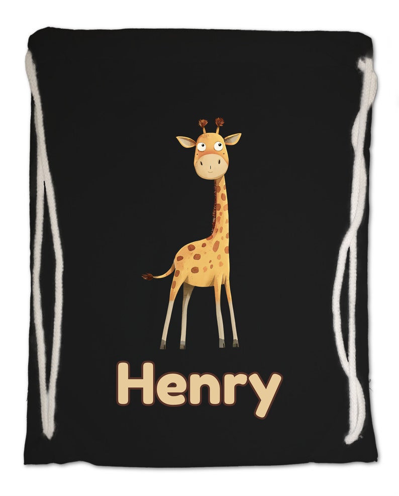 Kids Gym Bag Personalised Any Name Cute Watercolour Giraffe Gym Bag. Nursery Swimming PE Boy Girl, Birthday Christmas Cotton. Back to School Black