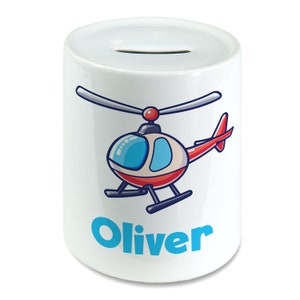Personalised Any Name Cute Helicopter Kids Money Box Piggy Bank Savings Jar for Kids Coins Cash Box Ceramic Boys, Girls Nursery