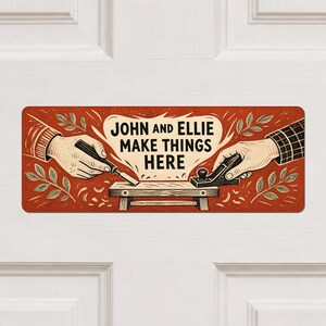 Personalised Workshop Sign for Couples, Folk Art Hands and Workbench, Rust Aluminium Studio Door Decor, Creative Housewarming Gift