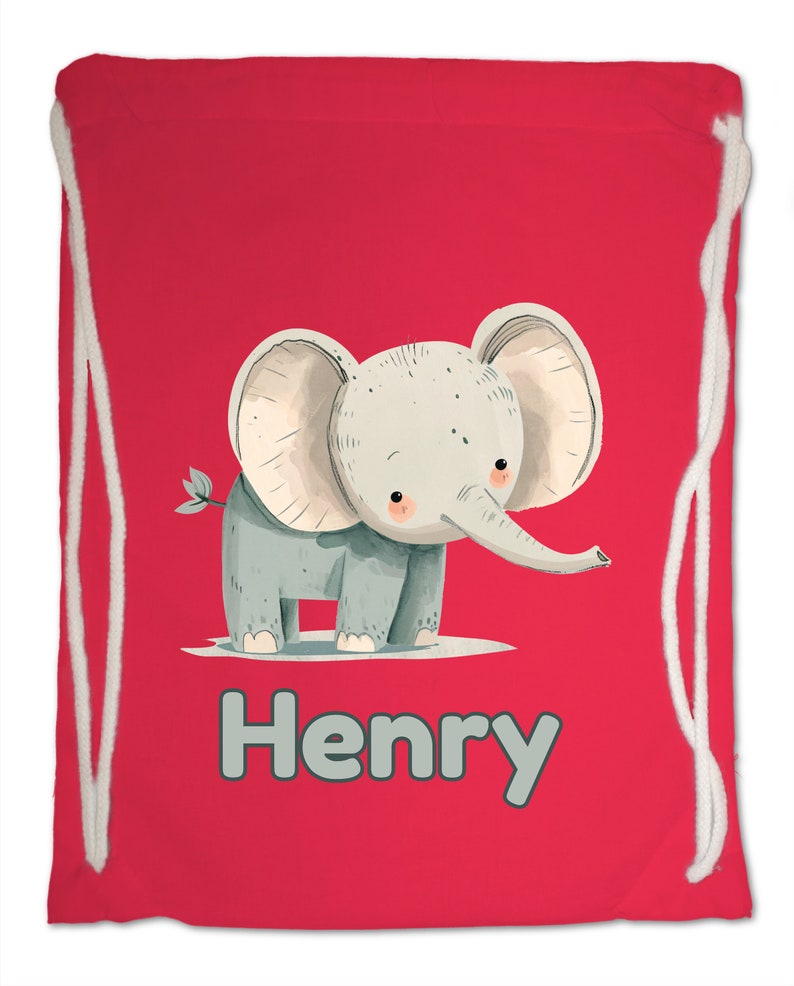 Kids Gym Bag Personalised Any Name Cute Watercolour Elephant Gym Bag Nursery Swimming PE Boy Girl Birthday Christmas. Cotton. Back to School Bright Red