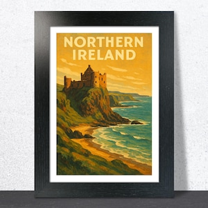 Affiche de voyage en Irlande du Nord. Art mural jet d'encre encadré vintage. Régions et paysages à Irlande du Nord