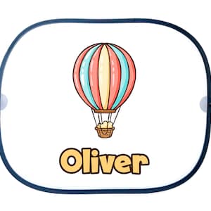 Personalised Any Name Cartoon Hot Air Balloon Car Sunshade Screen for kids. Sun protection. Easy Fix