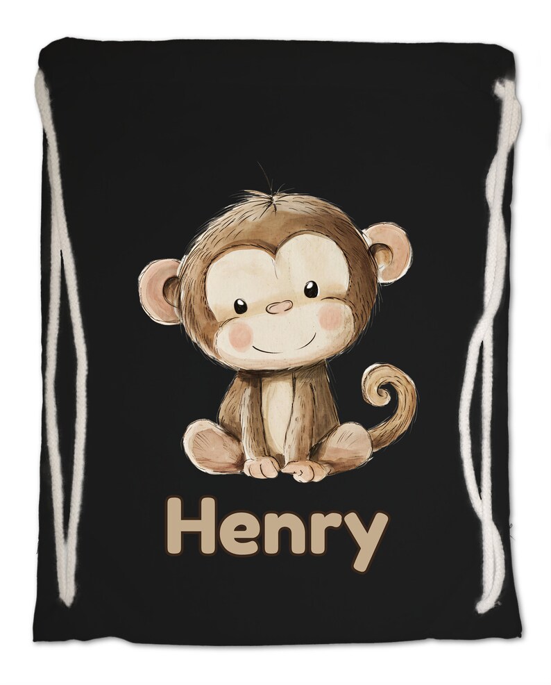 Kids Gym Bag Personalised Any Name Cute Watercolour Monkey Gym Bag. Nursery Swimming PE Boy Girl, Birthday Christmas Cotton. Back to School Black