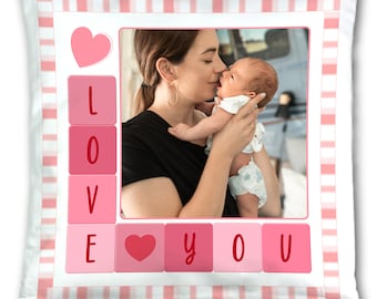 Personalised Any Photo I Love You Heart Mother's Day Cushion Cover Custom Gift for her. Mum Gran from kids baby son daughter Super Soft