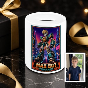 Personalised 80s Robot Money Box From Photo, Custom Text Transforming Cartoon Savings Pot, Retro Sci-Fi Gift For Toy Funds And Kids