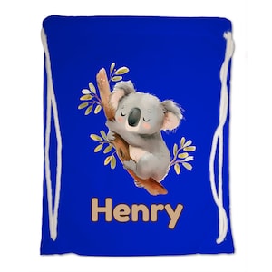 Kids Gym Bag Personalised Any Name Cute Watercolour Koala Gym Bag. Nursery Swimming PE Boy Girl, Birthday Christmas Cotton. Back to School Bright Royal Blue