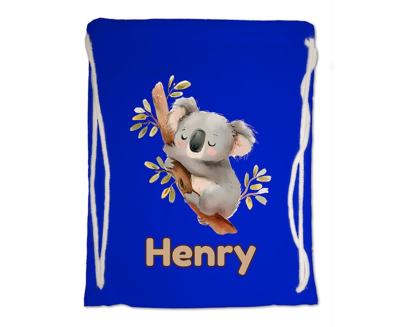 Kids Gym Bag Personalised Any Name Cute Watercolour Koala Gym Bag. Nursery Swimming PE Boy Girl, Birthday Christmas Cotton. Back to School Bright Royal Blue