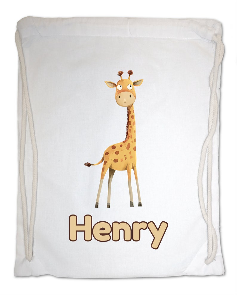 Kids Gym Bag Personalised Any Name Cute Watercolour Giraffe Gym Bag. Nursery Swimming PE Boy Girl, Birthday Christmas Cotton. Back to School White